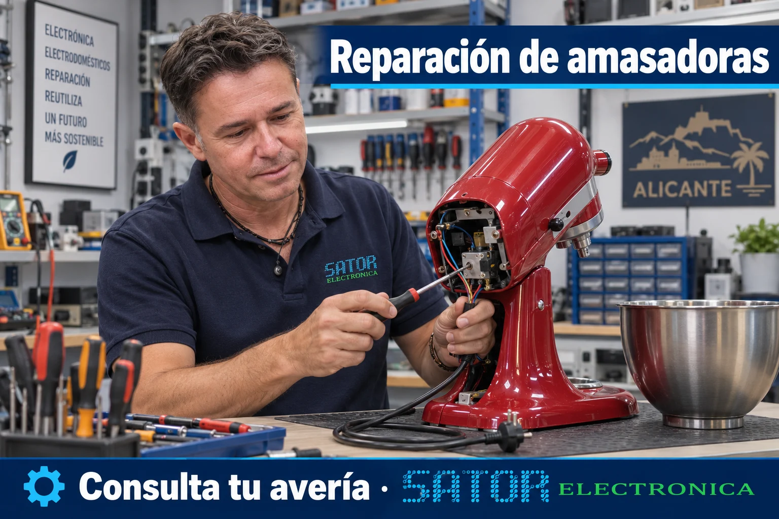 Guillermo en el servicio técnico oficial KitchenAid de Sator, revisando un aparato en el taller