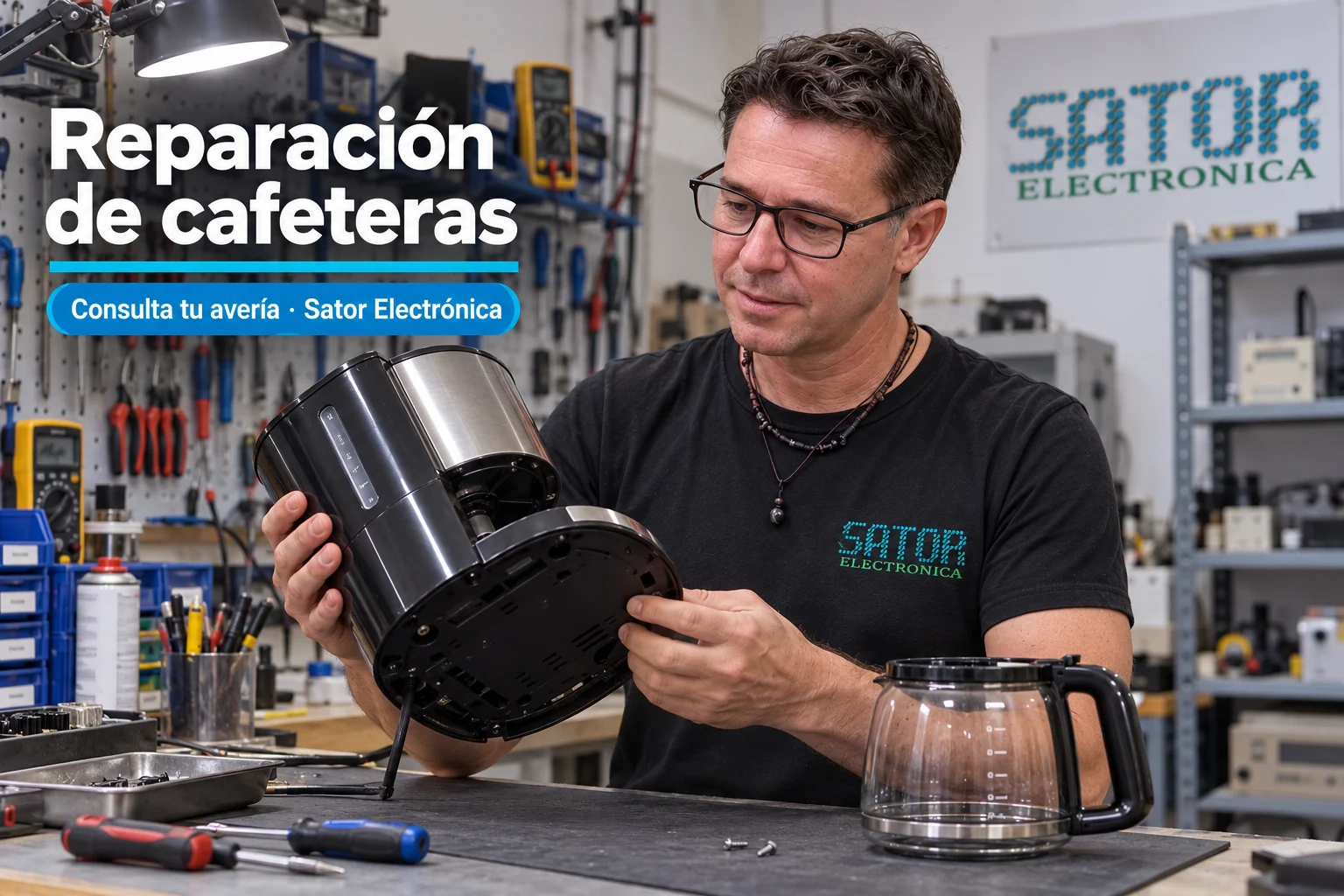 Guillermo en el servicio técnico oficial Russell Hobbs de Sator, revisando un aparato en el taller